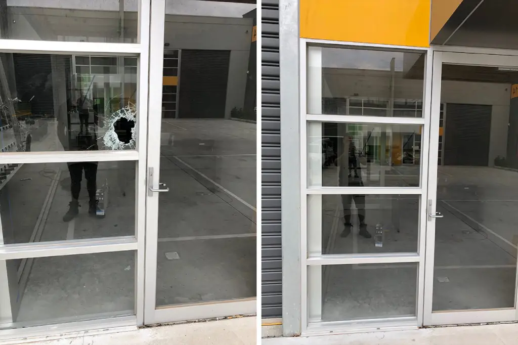 Before and after photo showing broken glass repaired with professional glass replacement in Melbourne