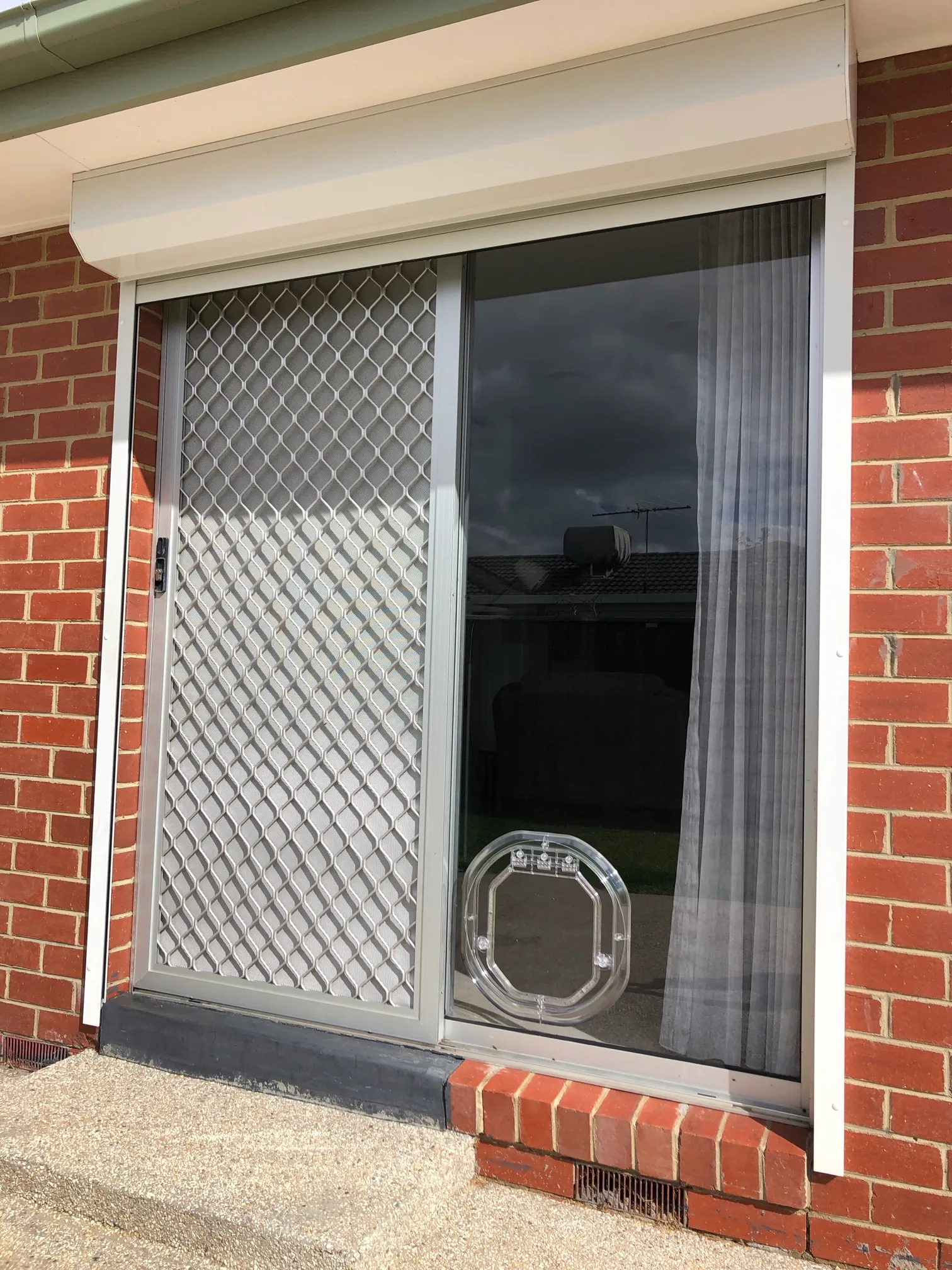 Discreetly fitted pet door built into a clear glass panel for seamless appearance