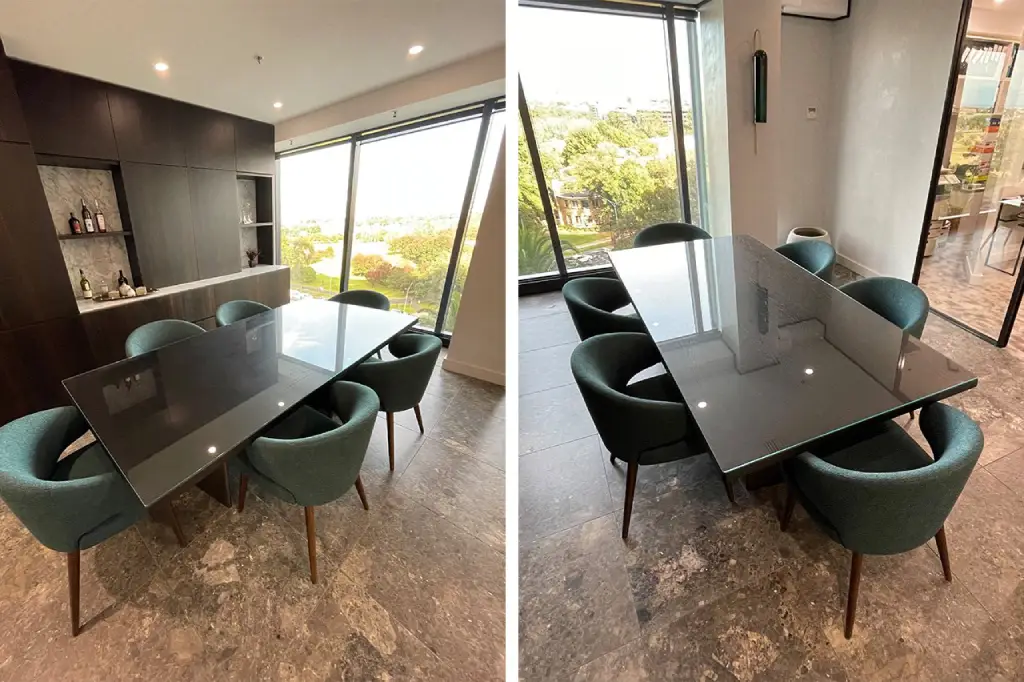 Tempered glass table top showcasing a sleek and durable design on a modern base